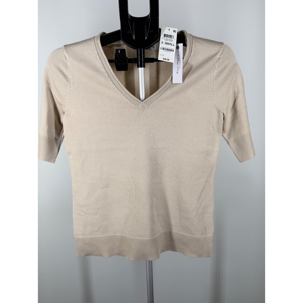 Melissa Paige Womens V-Neck Short Sleeve Sweater Pumice Stone Beige XS
